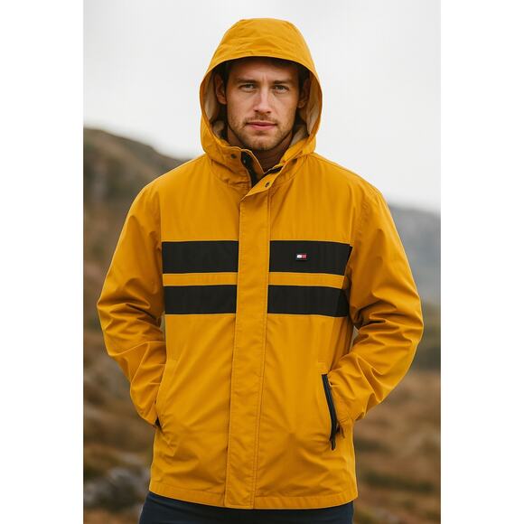 Tommy Hilfiger Classic Vintage Yellow and Black Hooded Rain Jacket, Nautical, L - Picture 2 of 10
